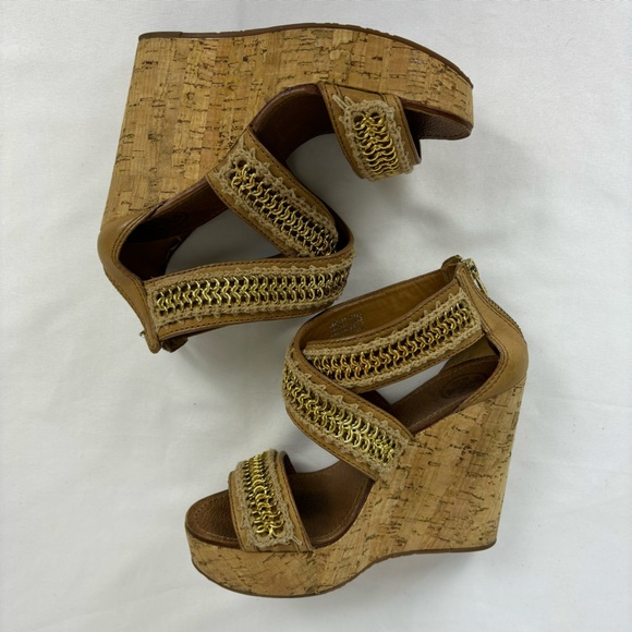 Tory Burch Lucian Sandals Leather Gold Chain Strappy Platform Wedges Tan Size 6 - Picture 9 of 15